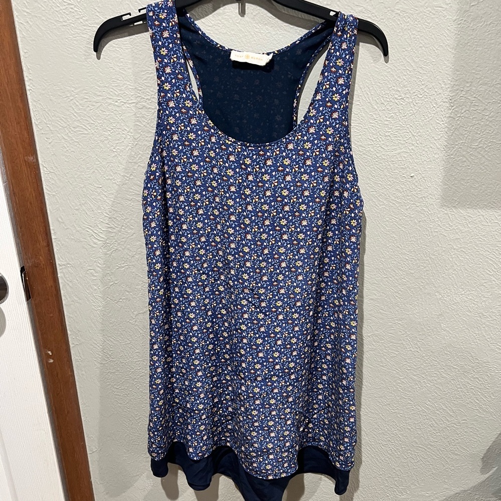 Tory Burch Navy Blue Floral Racerback Dress Floral Size Small EUC Cute